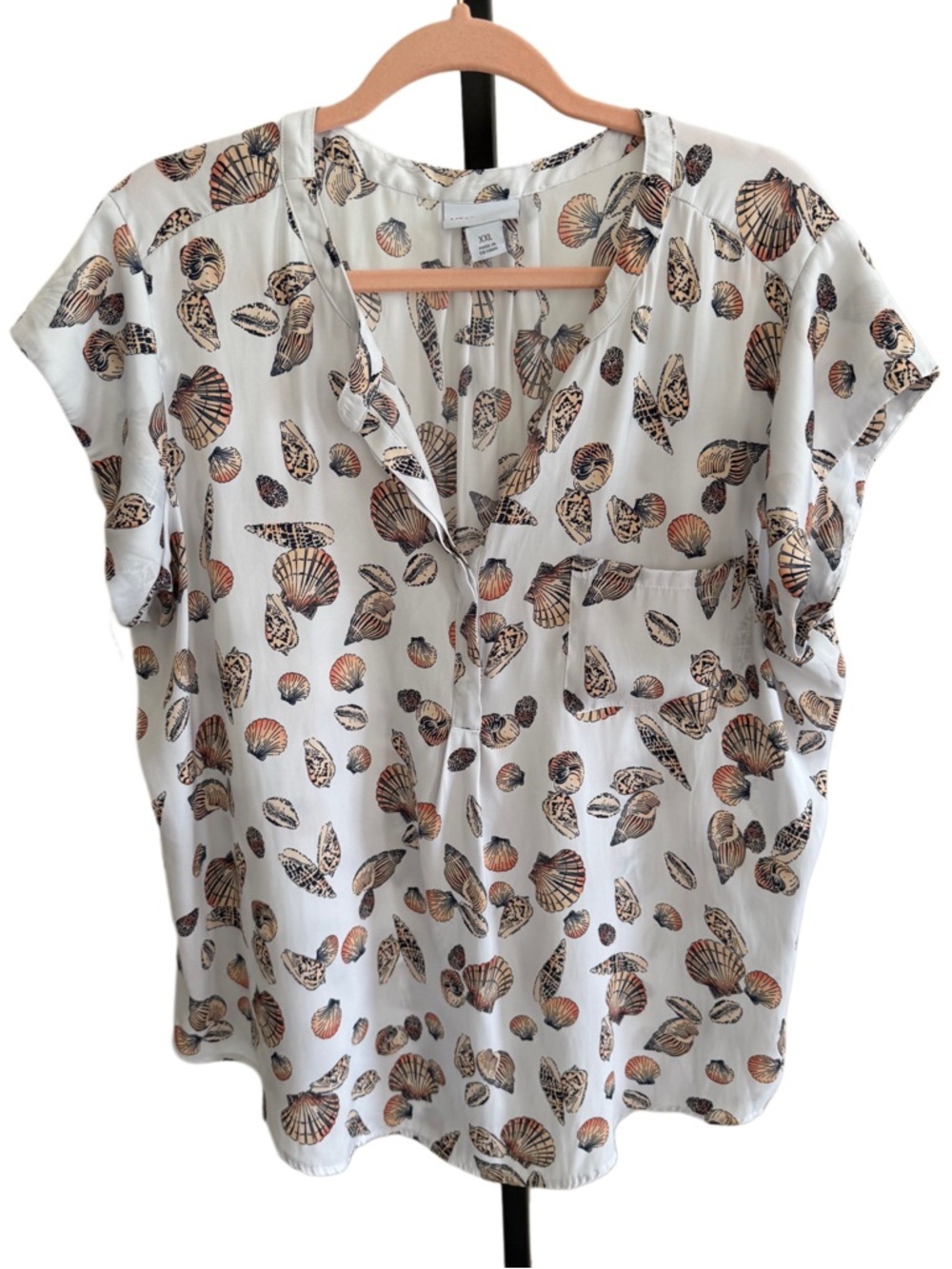 Liz Claiborne Seashell Print Short Sleeve Beach Vacay Tropical Blouse Top XXL